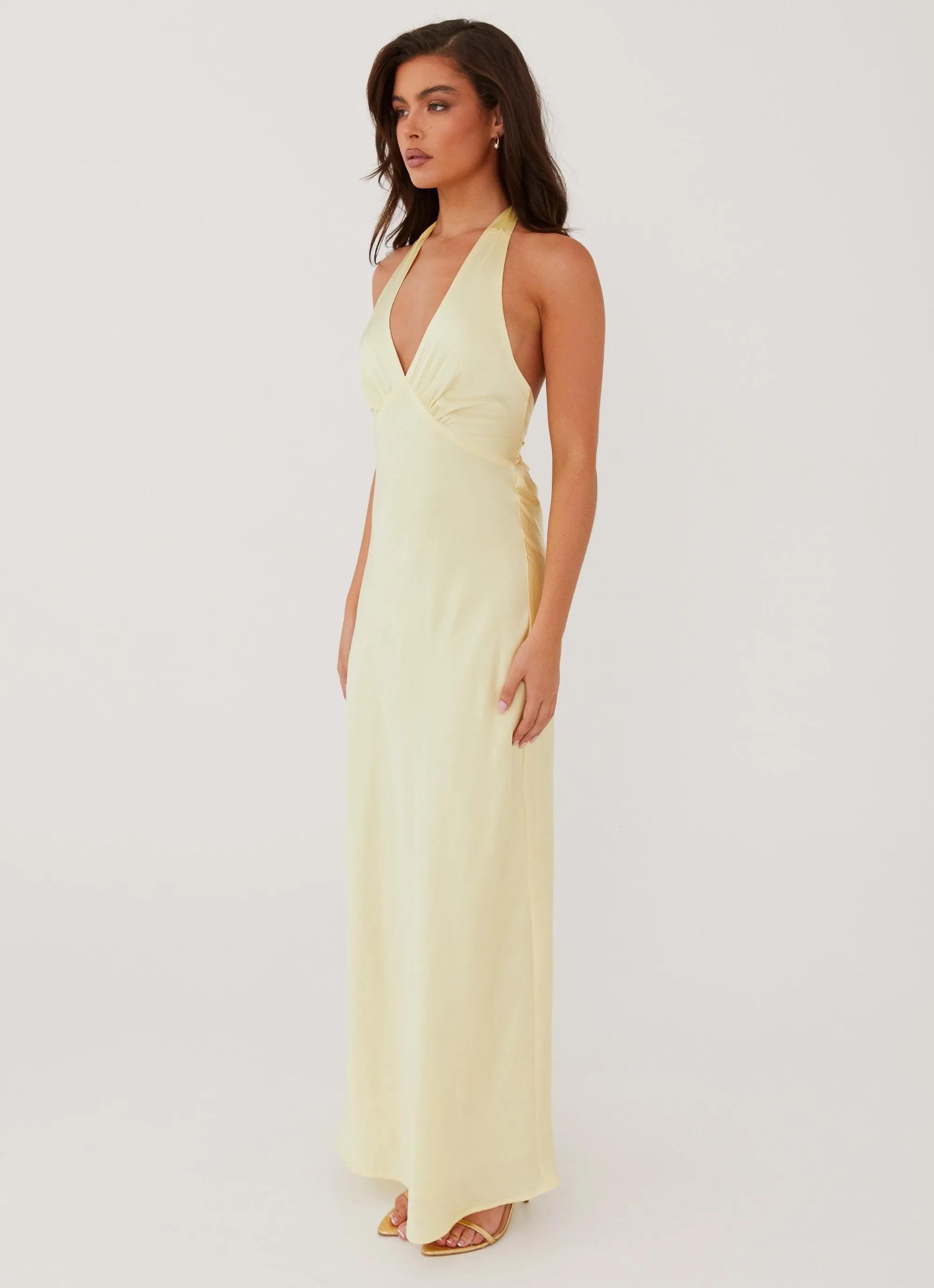 Printed-Fabric Heavy Hearted Satin Maxi Dress - Lemon