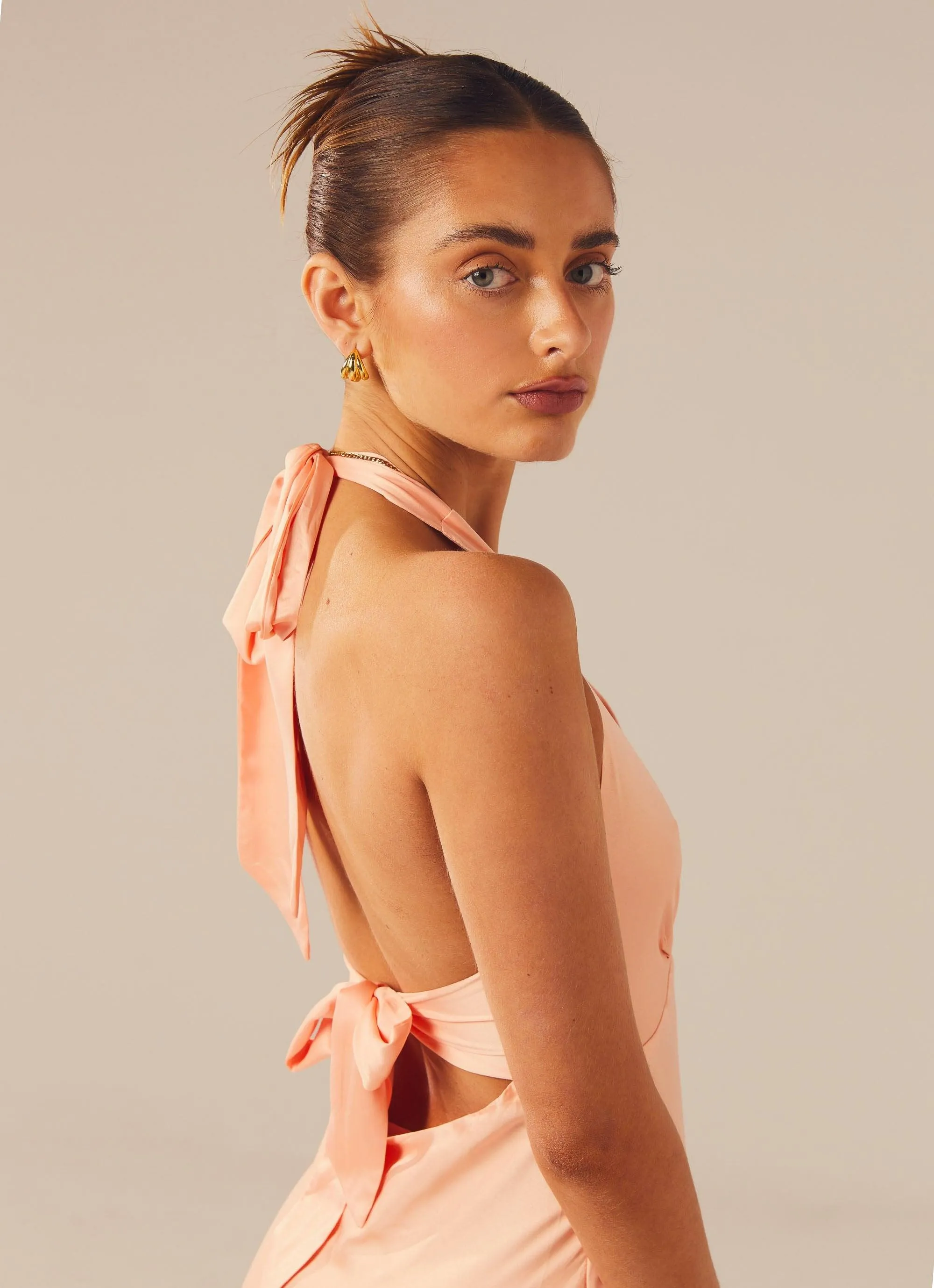 Heavy Hearted Satin Maxi Dress - Peach Travel Essential