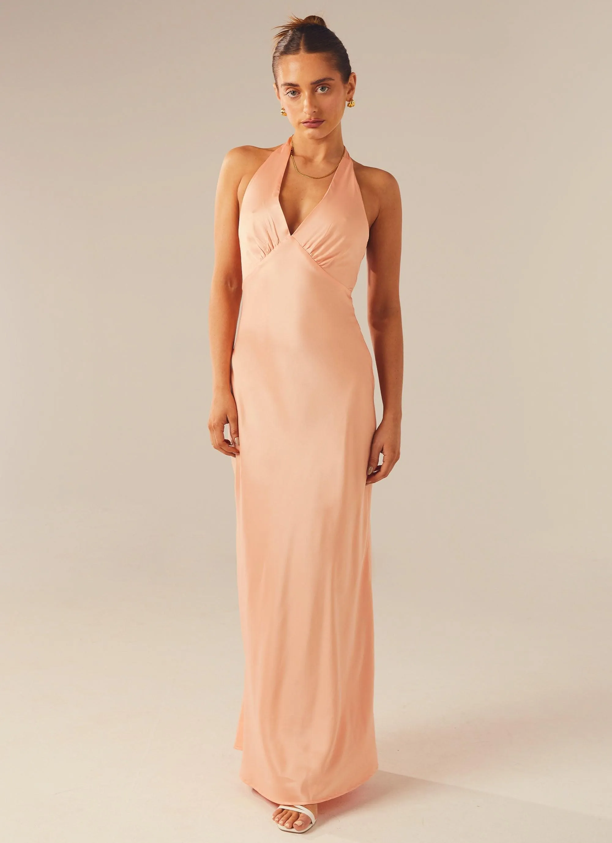 Heavy Hearted Satin Maxi Dress - Peach Cool Elegance Flattering Comfort Wear