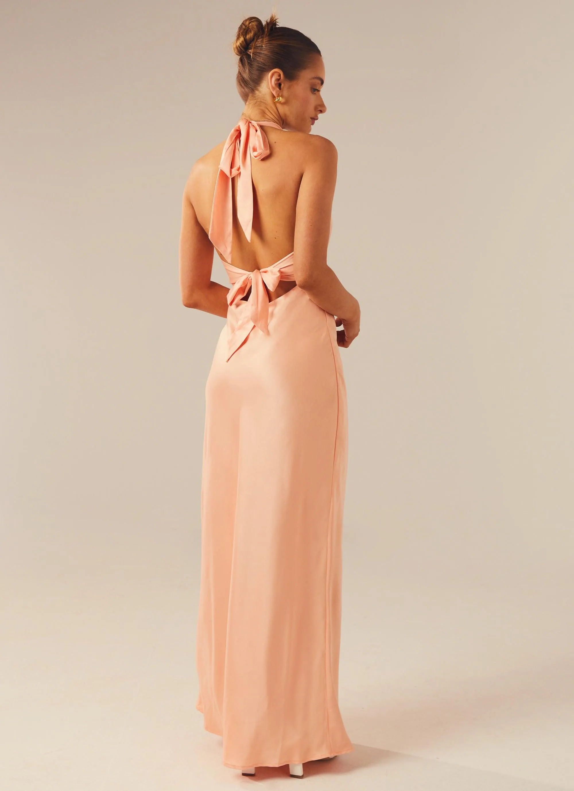 Heavy Hearted Satin Maxi Dress - Peach Satin Grace