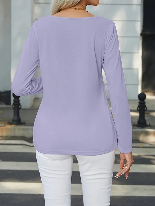 Hensley New Women's Button Decorated Round Neck Casual Long Sleeve T-Shirt