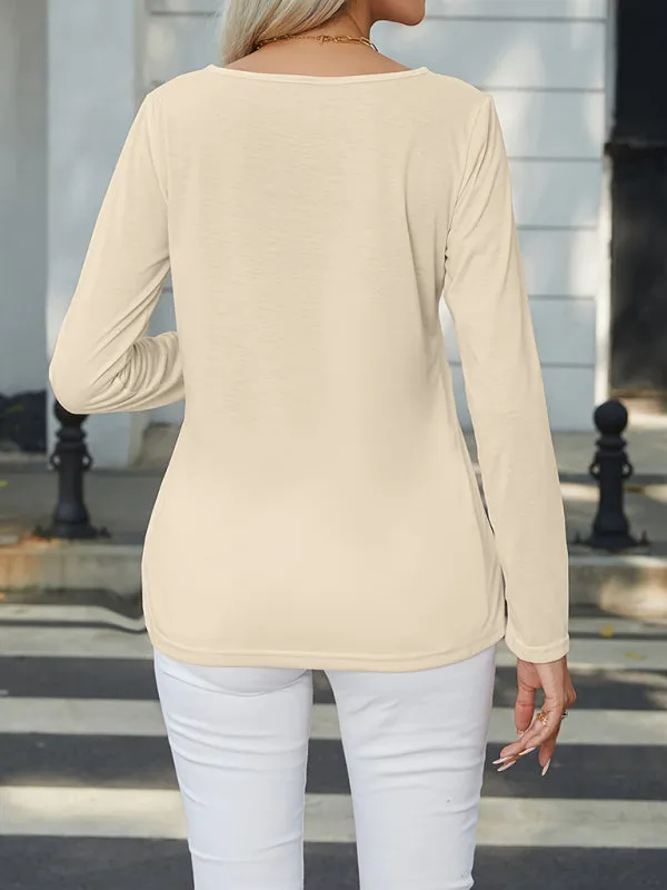 Hensley New Women's Button Decorated Round Neck Casual Long Sleeve T-Shirt