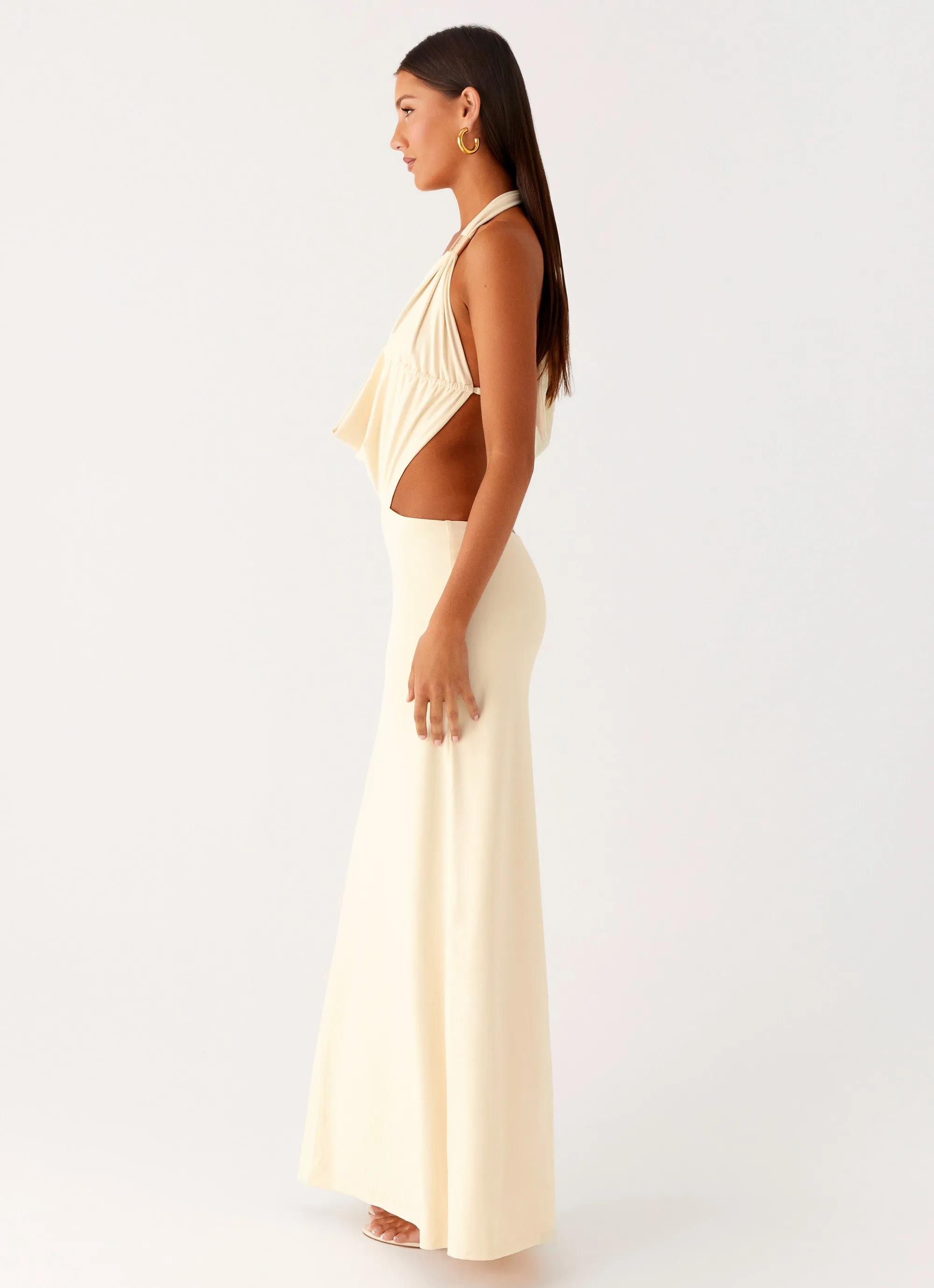 Slit-Hem Smooth Tone Torina Halter Maxi Dress - Lemon