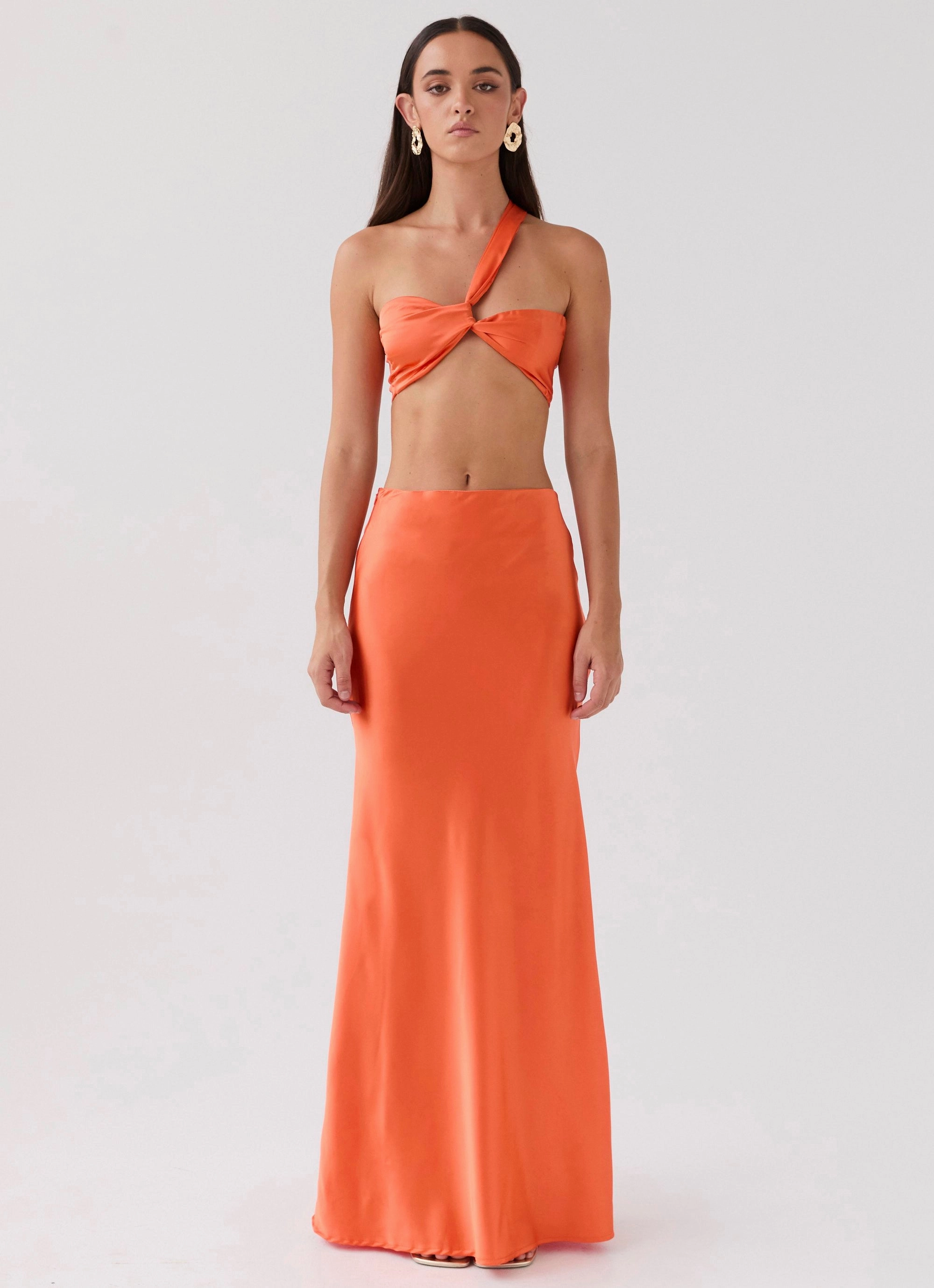 Cozy And Stylish Hidden Oasis Satin Maxi Skirt - Tangerine