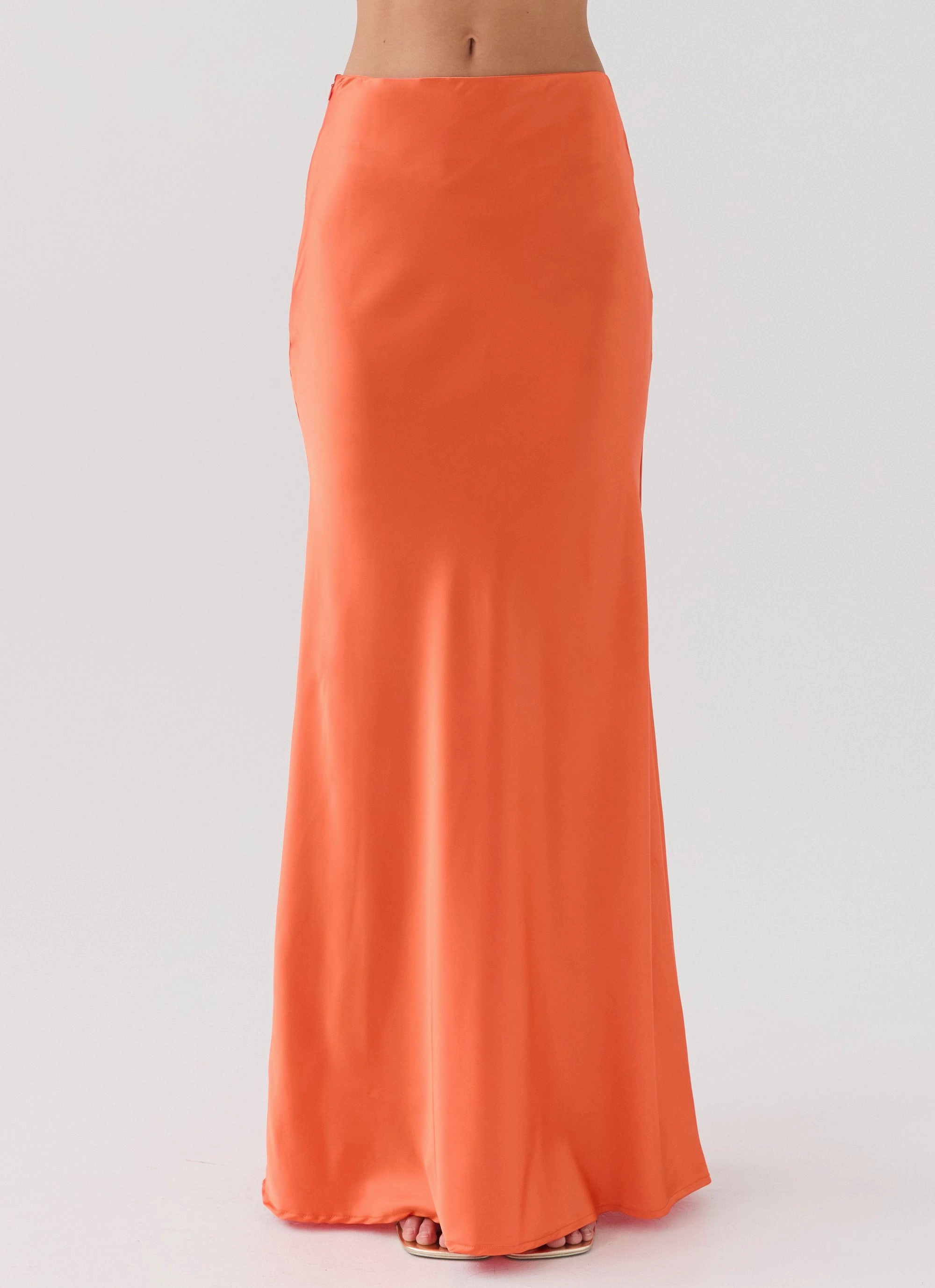 Hidden Oasis Satin Maxi Skirt - Tangerine Stretch Motion