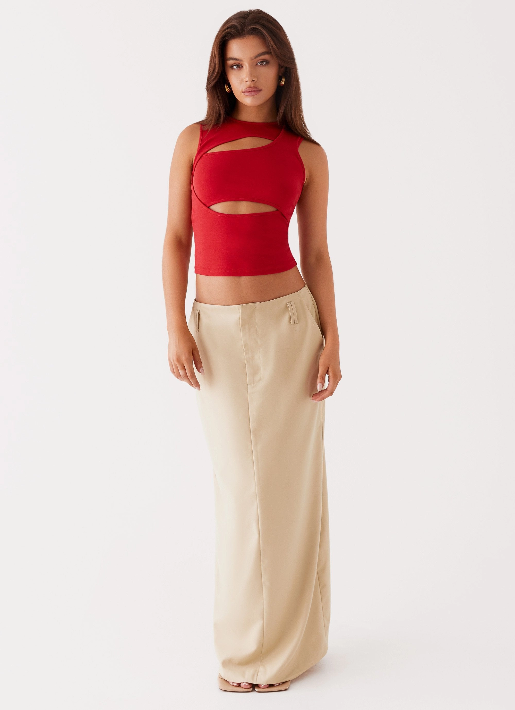 NonRestrictive StretchFit Design Beyond Cut Out Mesh Top - Red