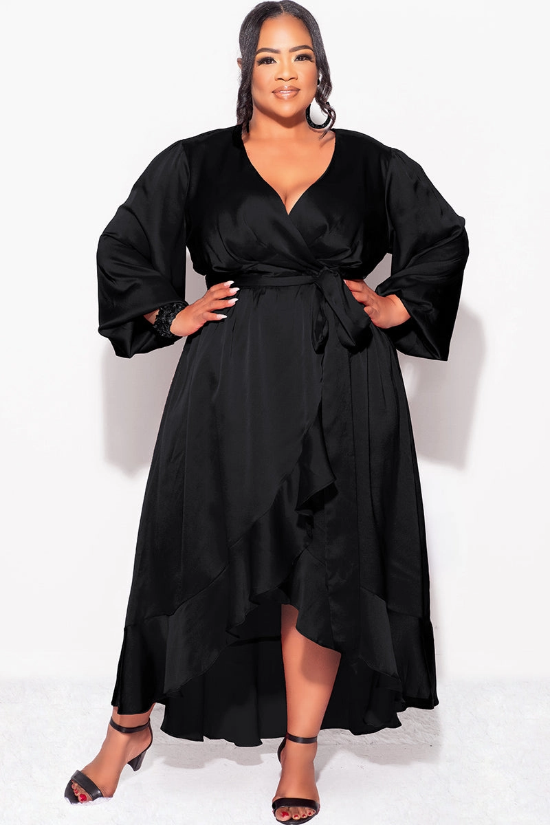 Final Sale Plus Size Faux Wrap Satin High-Low Dress with Waist Tie in Black Elegant Look