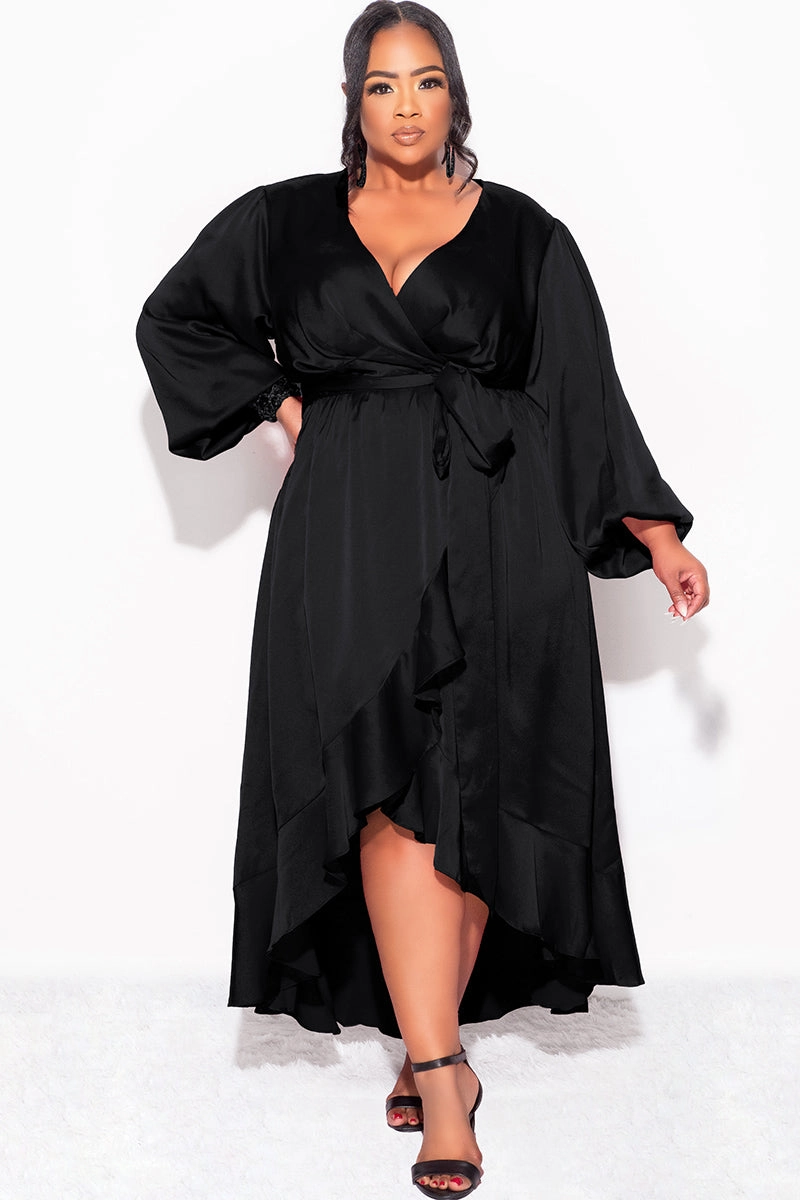 Final Sale Plus Size Faux Wrap Satin High-Low Dress with Waist Tie in Black OdorResistant Coating