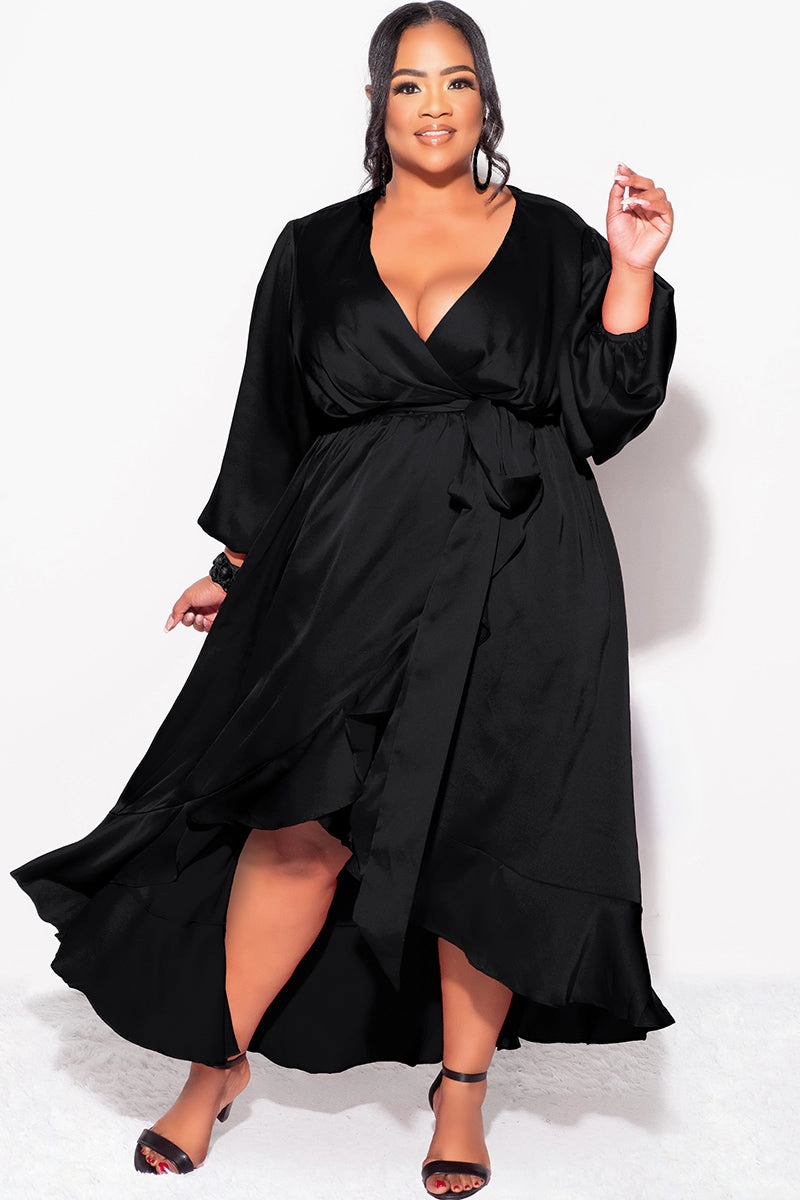 Final Sale Plus Size Faux Wrap Satin High-Low Dress with Waist Tie in Black Comfortable clothing QuickDry Technology