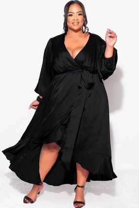 Final Sale Plus Size Faux Wrap Satin High-Low Dress with Waist Tie in Black Comfortable clothing QuickDry Technology