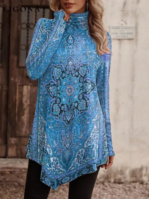 High collar bohemian print casual long sleeve Turtleneck Long Sweater T-shirt