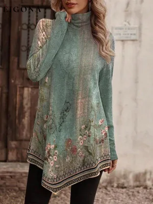High collar bohemian print casual long sleeve Turtleneck Long Sweater T-shirt