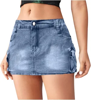 High Stretchy Cargo Skirt for Women Low Waist High Waisted Y2k Mini Jean Skirts Cute Denim Skirt with Pockets