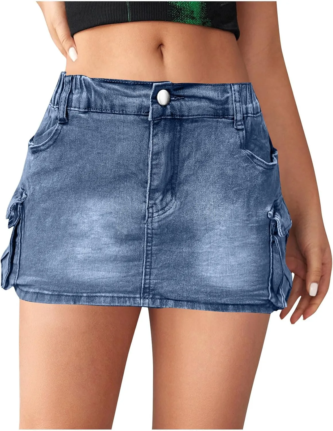 High Stretchy Cargo Skirt for Women Low Waist High Waisted Y2k Mini Jean Skirts Cute Denim Skirt with Pockets