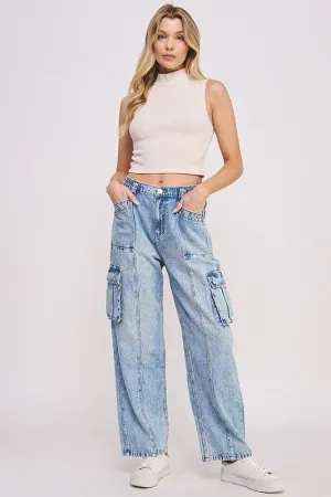 HIGH WAIST BAGGY DENIM CARGO ANKLE LENGTH TROUSERS