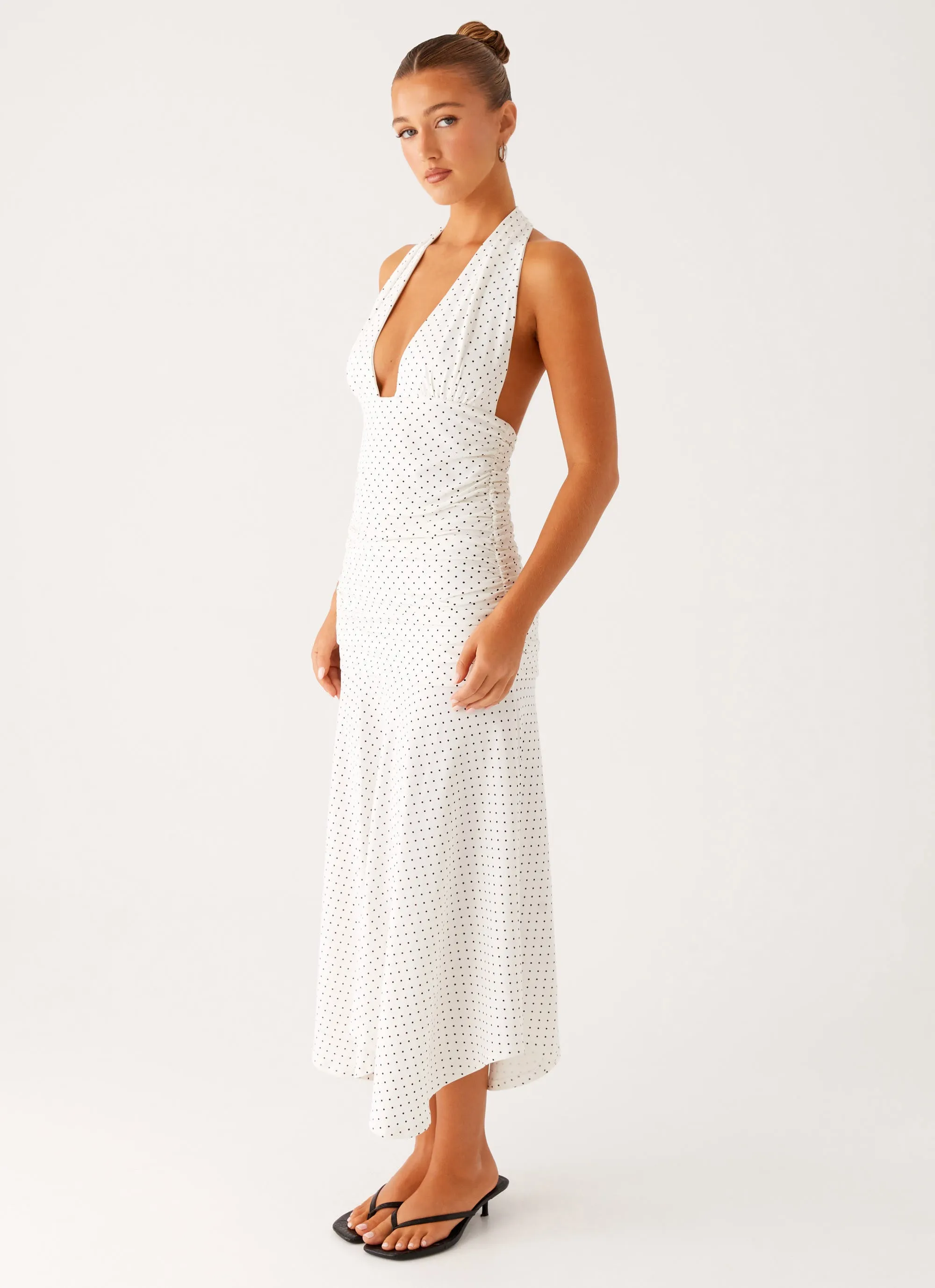 Side Slit Grettana Halter Neck Midi Dress - White Polka Dot