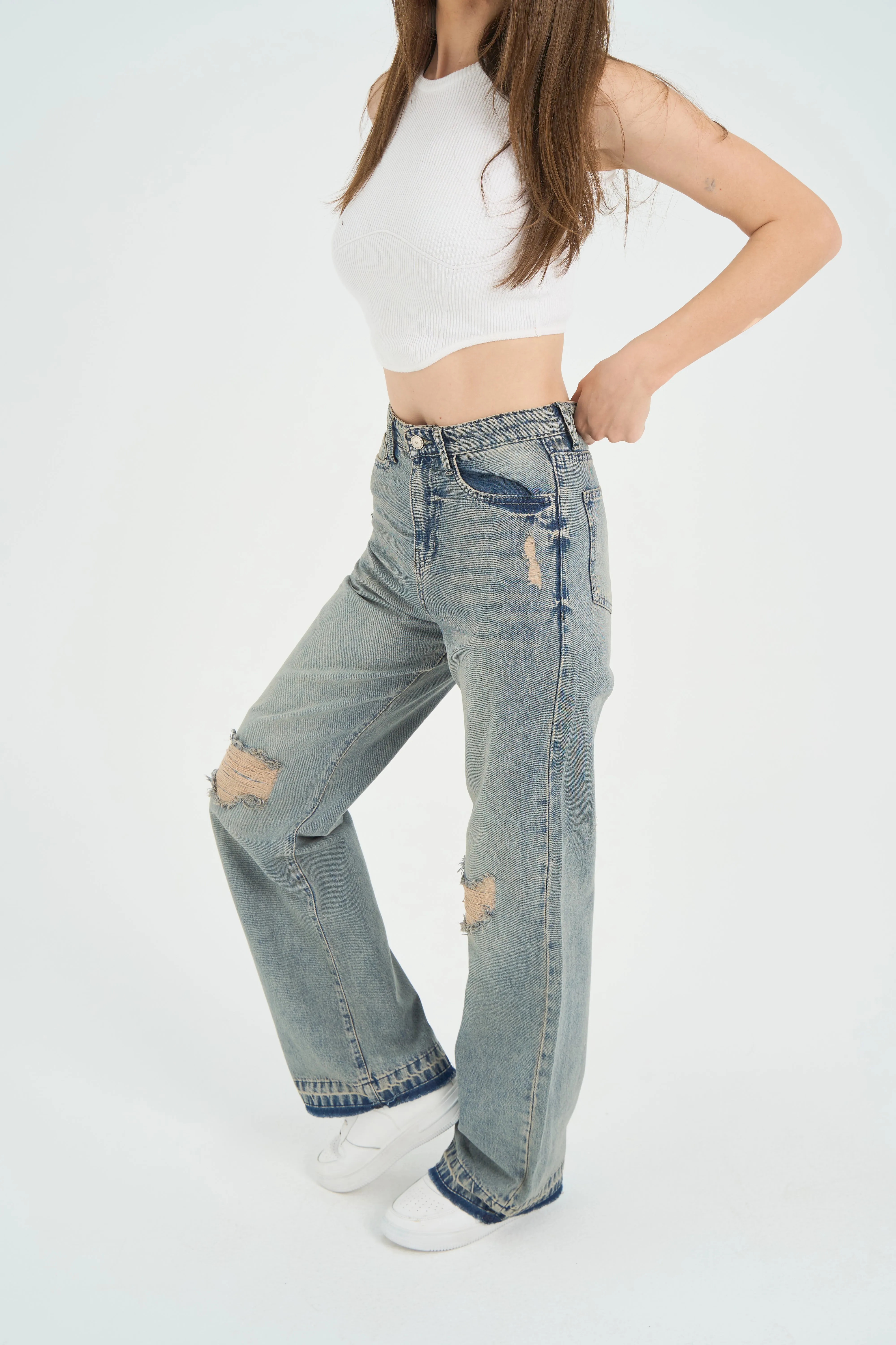 High-Waist Light Wash Straight Leg Jeans