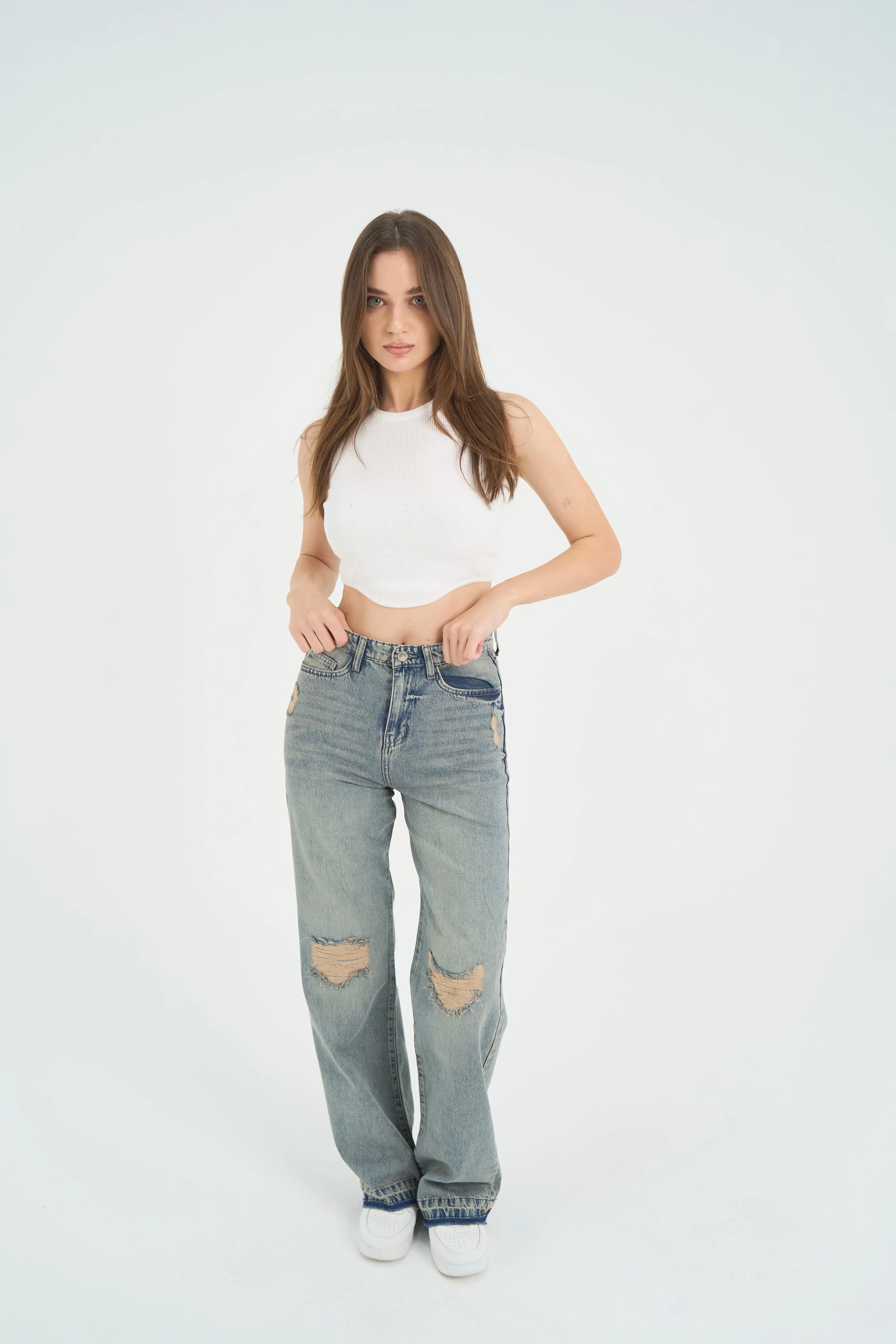 High-Waist Light Wash Straight Leg Jeans