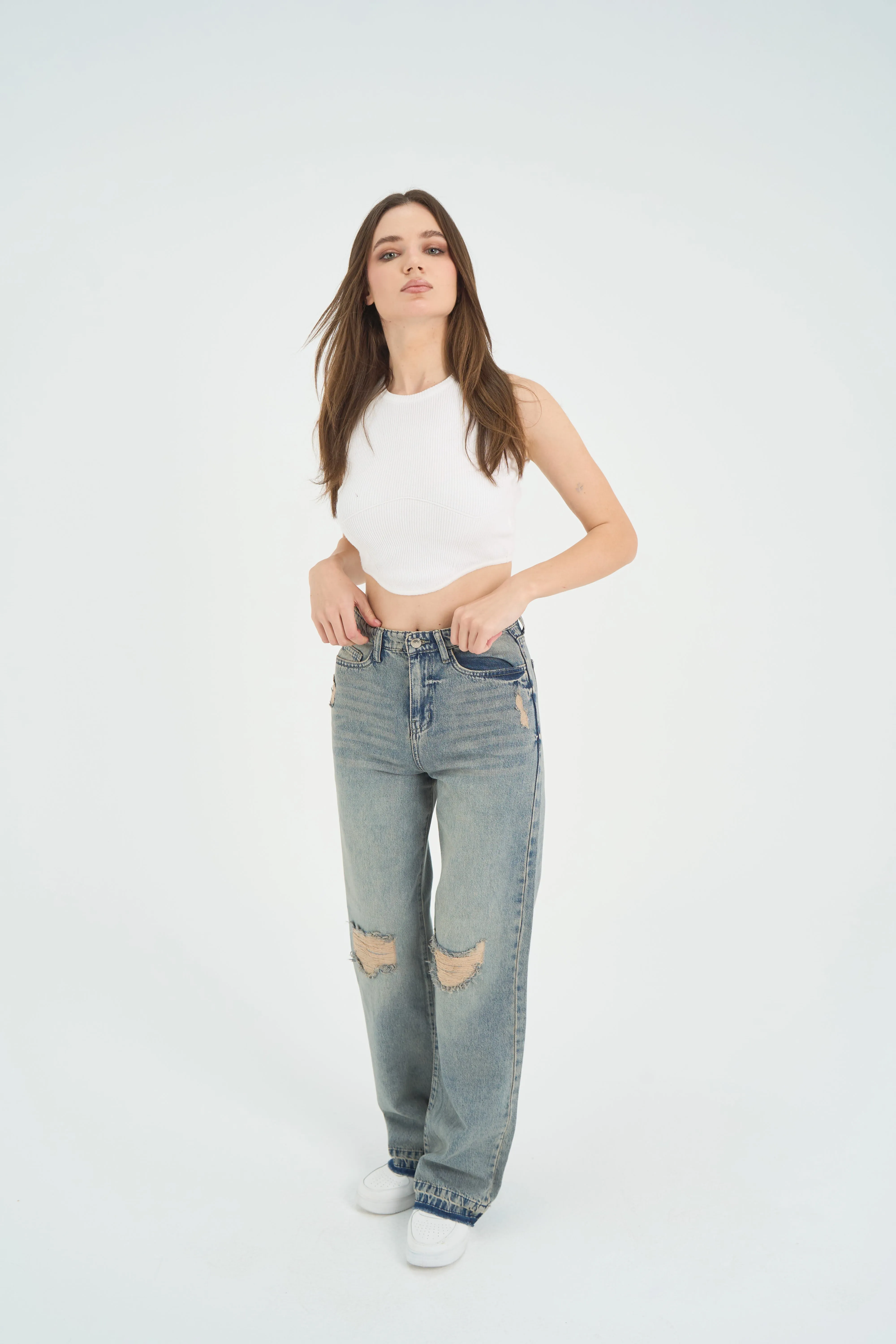High-Waist Light Wash Straight Leg Jeans