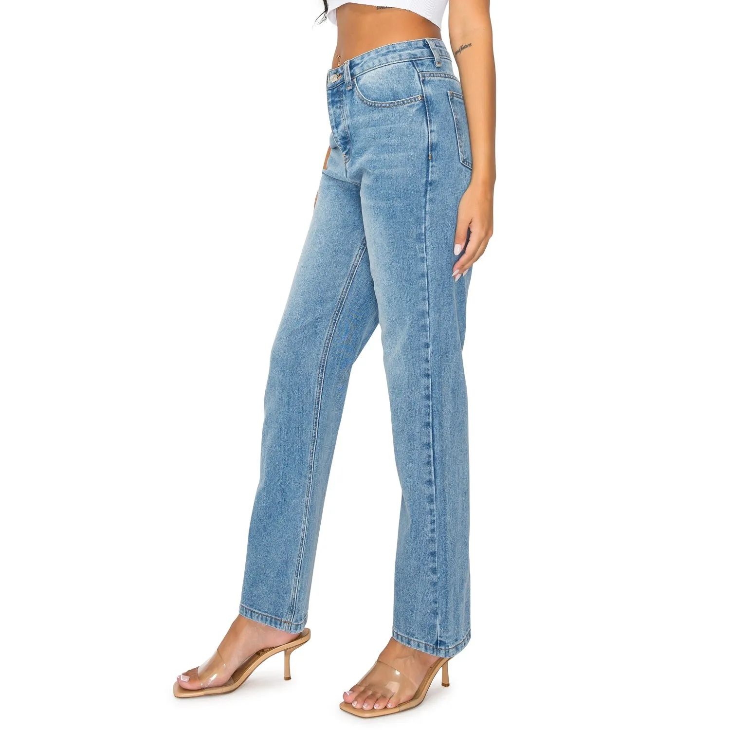 High Waisted Straight Leg Jeans - Medium Wash