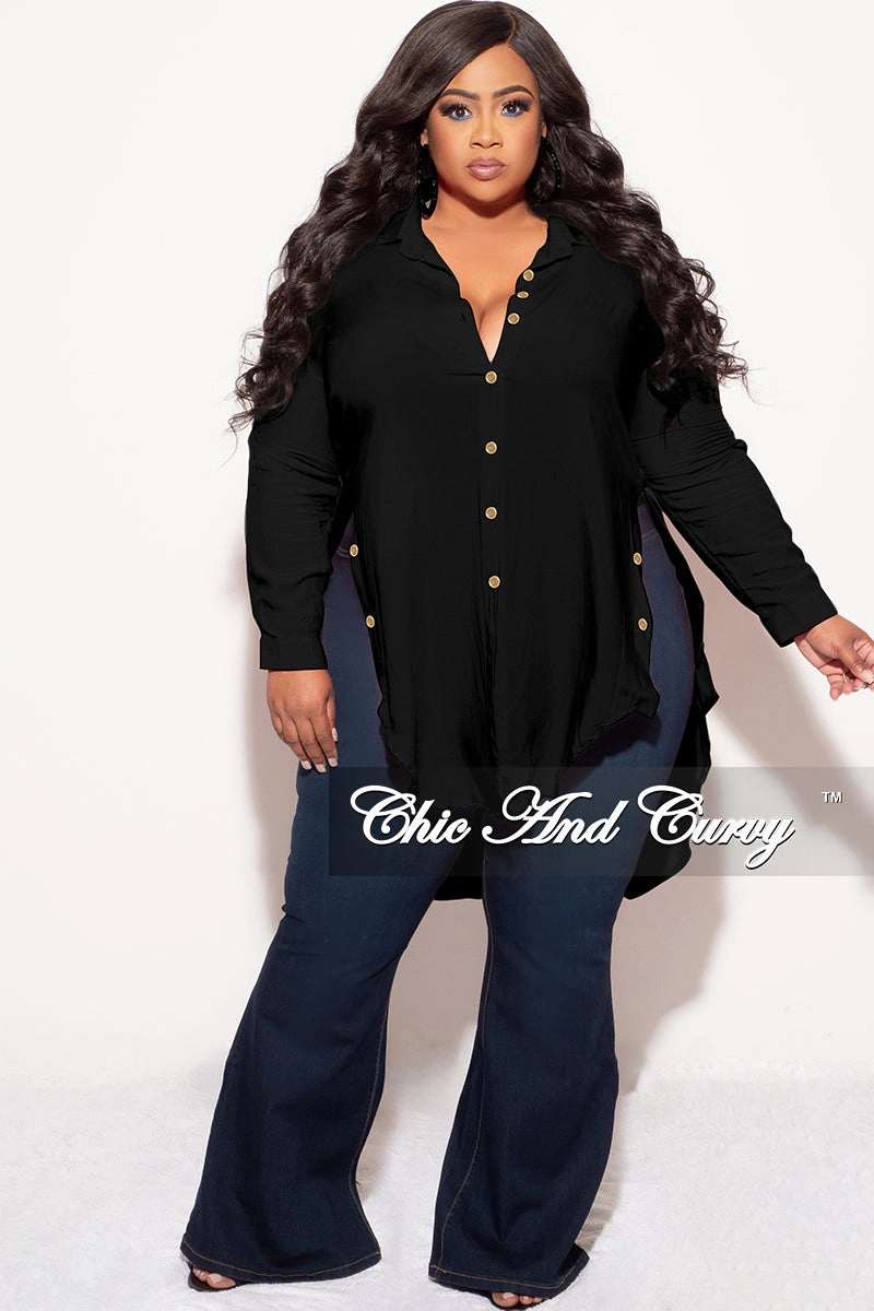 WindResistantMaterial Comfortable Look Wear Final Sale Plus Size Final Sale Plus Size Collar Button Up High-Low Top in Black
