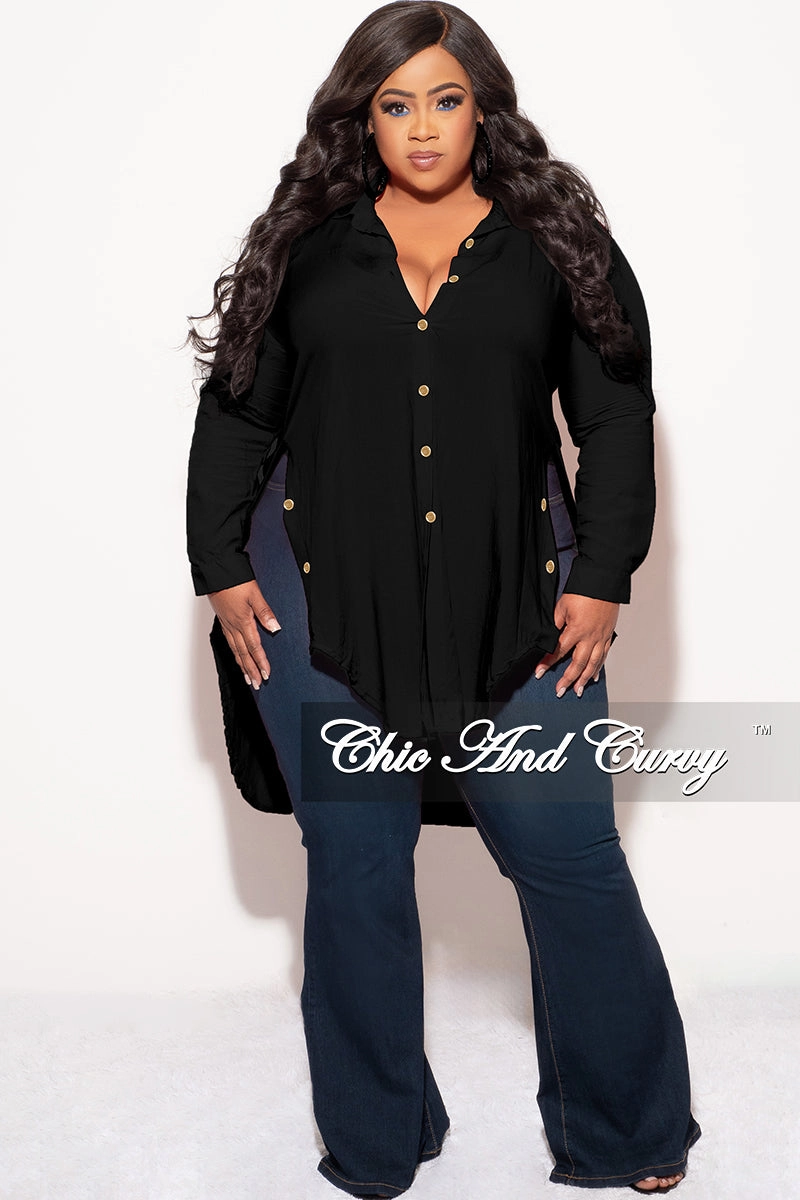 Final Sale Plus Size Final Sale Plus Size Collar Button Up High-Low Top in Black SturdyBeltLoops Stretchable Waist
