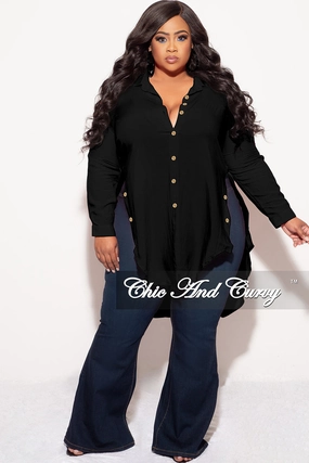 WindResistantMaterial Comfortable Look Wear Final Sale Plus Size Final Sale Plus Size Collar Button Up High-Low Top in Black