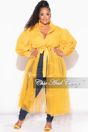StretchMaterial Work Essential Final Sale Plus Size Puffy Long Sleeve Button Up Top with Mesh Train in Musatrd