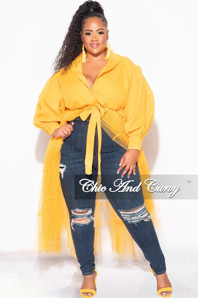 Final Sale Plus Size Puffy Long Sleeve Button Up Top with Mesh Train in Musatrd Cotton comfort