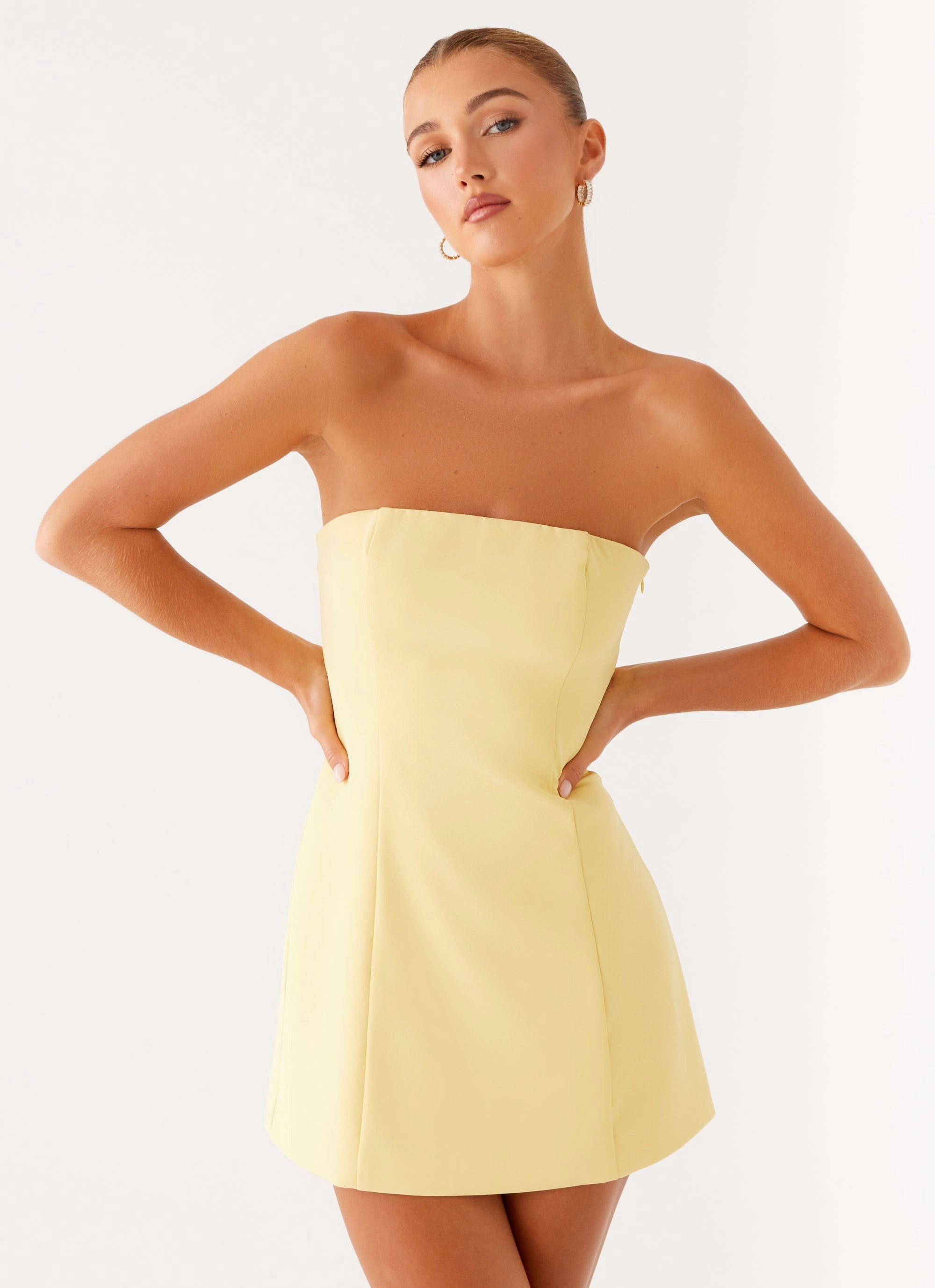 Refined Line Light Mood Honey Bow Mini Dress - Yellow