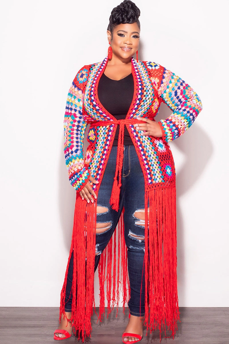 Final Sale Plus Size Crochet Cardigan with Bottom Fringe in Red Reflective Trim Options AntiStaticLining
