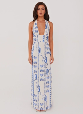 Sky Linen Maxi Dress - Floral Wave Night Charm Dry-Clean-Only