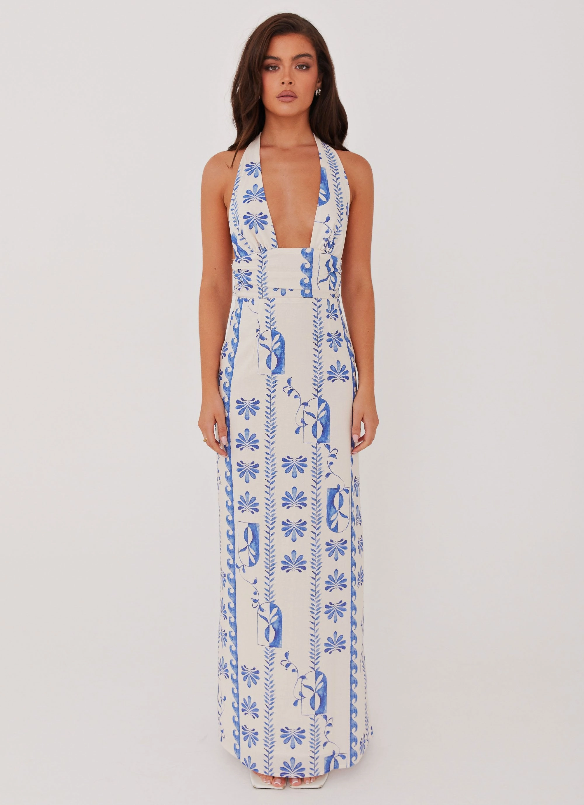 Sky Linen Maxi Dress - Floral Wave Night Charm Dry-Clean-Only