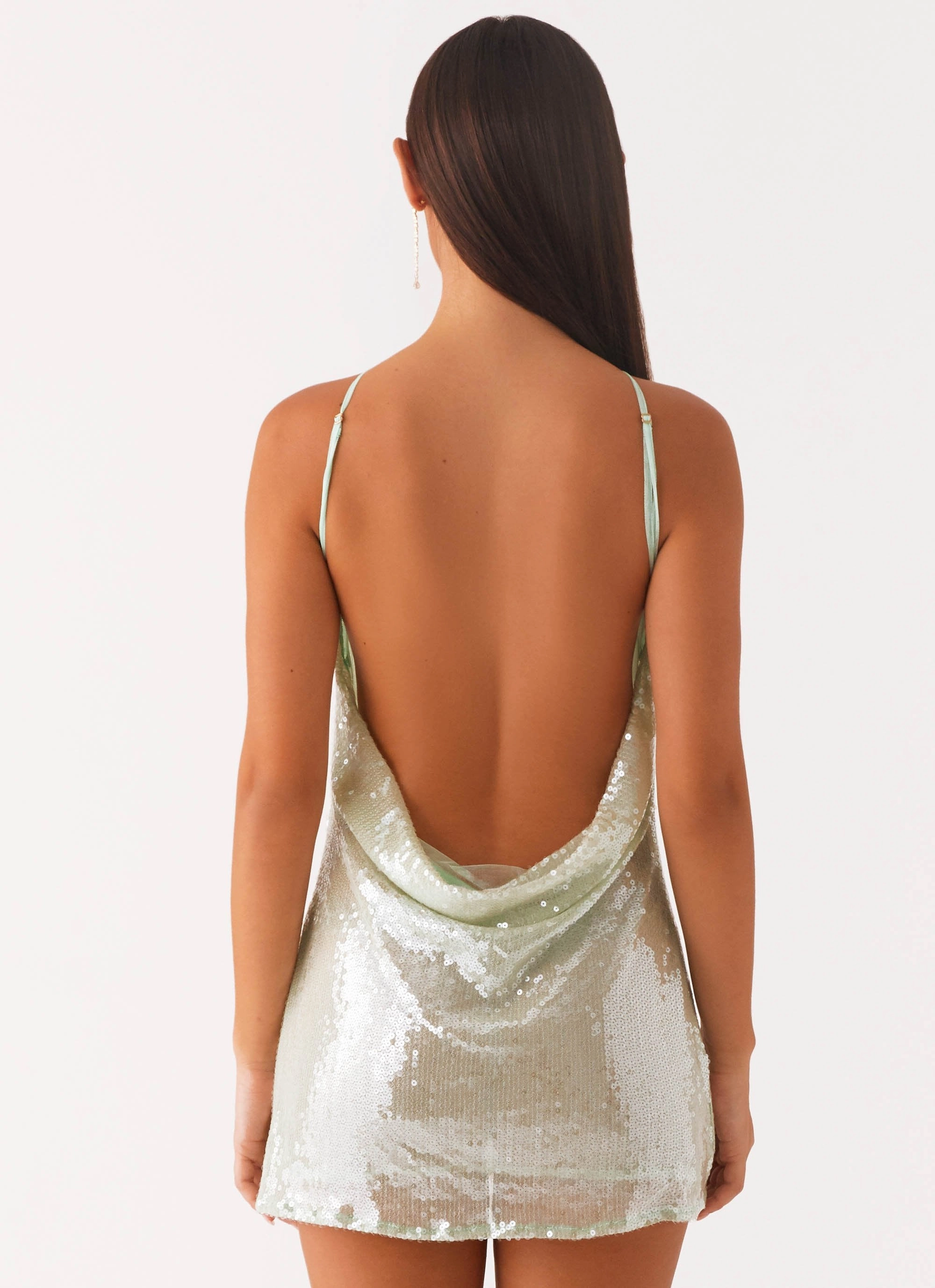 Radiant Energy Cowl Back Mini Dress - Mint Daytime Look