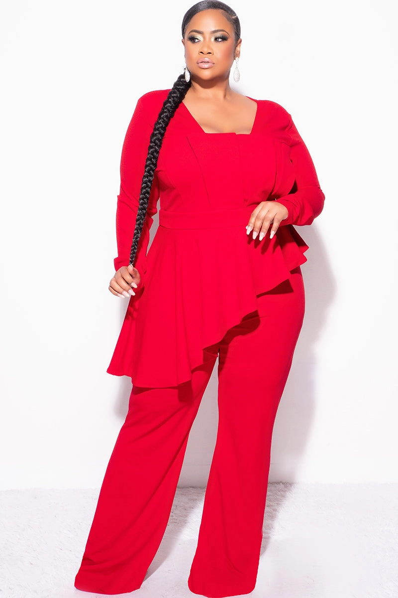 FadeResistant Finish Final Sale Plus Size Asymmetrical Ruffle Peplum Jumpsuit in Red