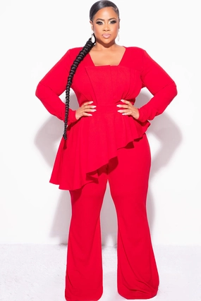 Final Sale Plus Size Asymmetrical Ruffle Peplum Jumpsuit in Red Biodegradable Fiber