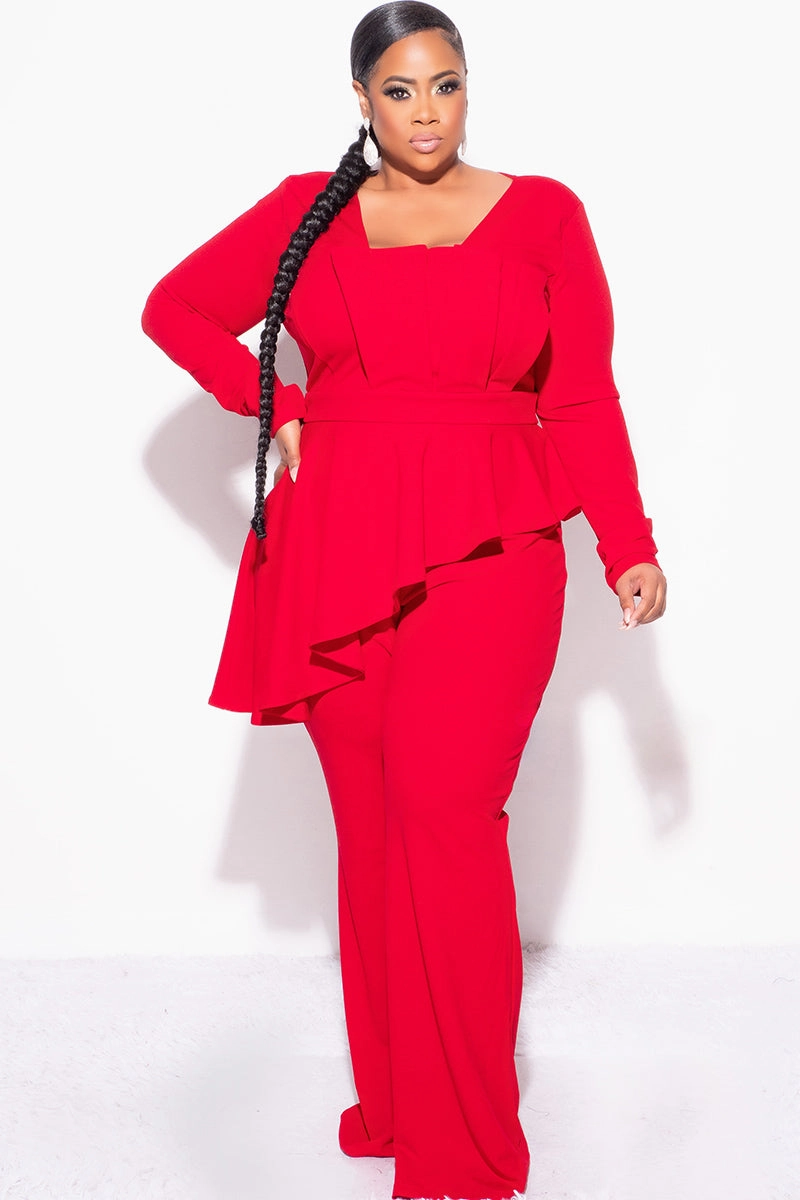 Moisture Control Lining Final Sale Plus Size Asymmetrical Ruffle Peplum Jumpsuit in Red