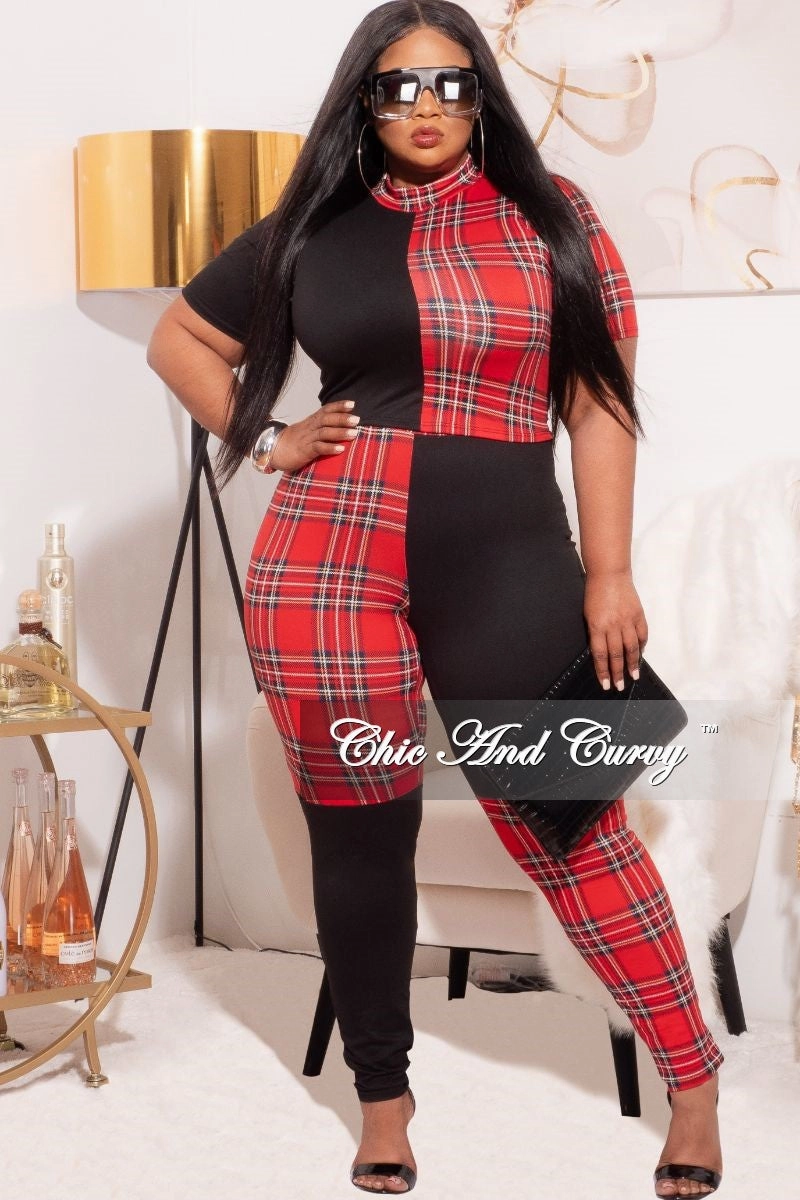 Light wash Simple Silhouette Final Sale Plus Size 2-Piece Color block Plaid Set with Crop Top & Leggings