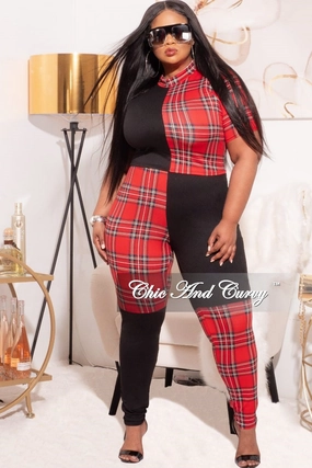 Final Sale Plus Size 2-Piece Color block Plaid Set with Crop Top & Leggings Double Layered Hem