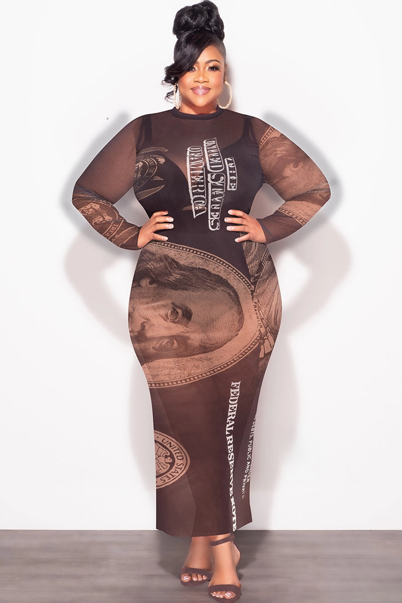 Final Sale Plus Size BodyCon In Mesh in Chocolate Brown Money Print Layered Wear