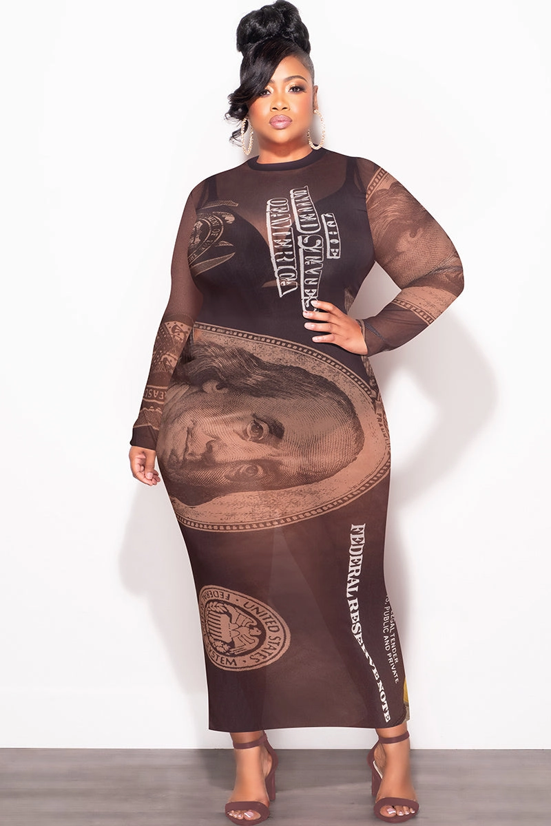 Timeless Utility FlexibleKneePanels Final Sale Plus Size BodyCon In Mesh in Chocolate Brown Money Print