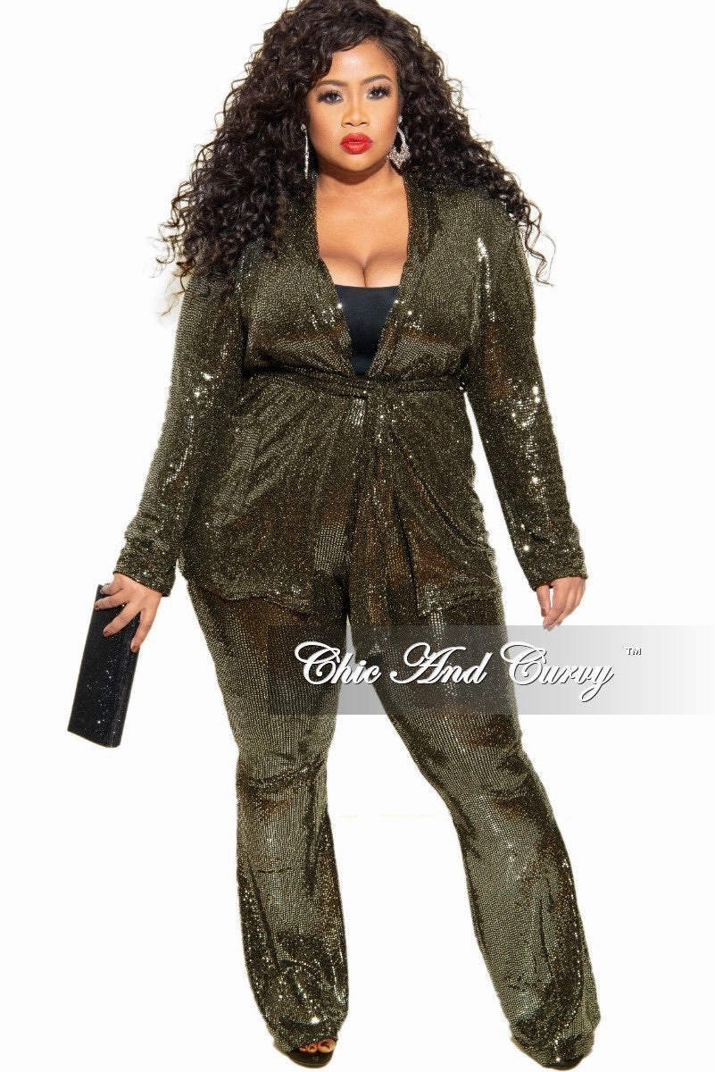 Final Sale Plus Size Faux Sequin 2-Piece Jacket & High Waist Pants Set in Gold Workout-ready Soft and Cozy