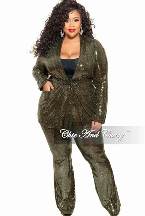 Final Sale Plus Size Faux Sequin 2-Piece Jacket & High Waist Pants Set in Gold Variable Tension Adjustment