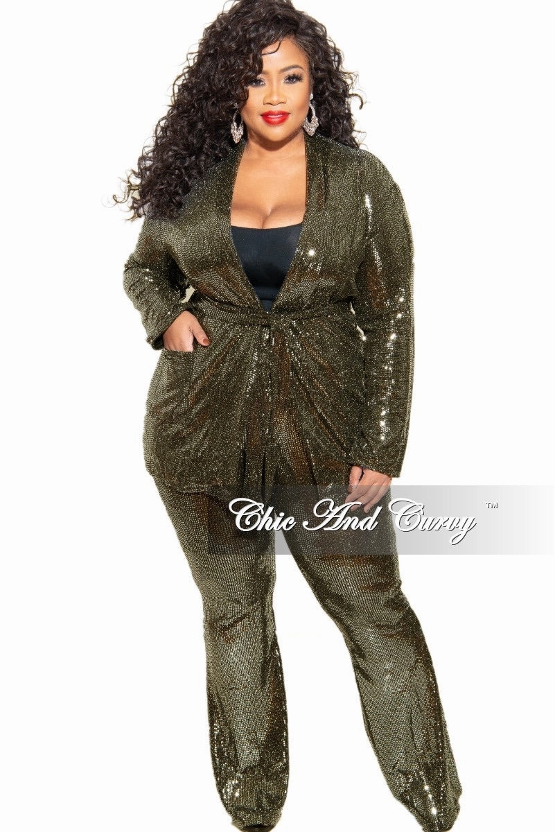 Final Sale Plus Size Faux Sequin 2-Piece Jacket & High Waist Pants Set in Gold Sport Ready