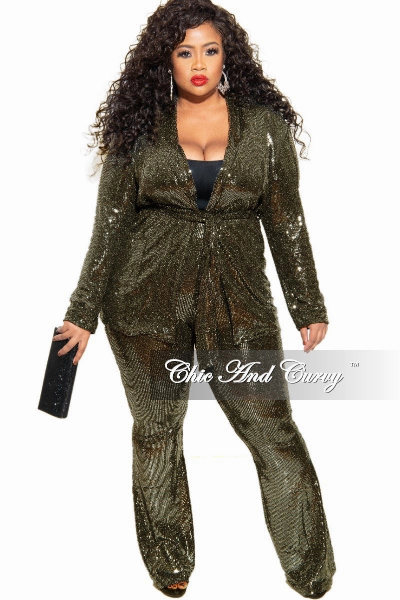 Final Sale Plus Size Faux Sequin 2-Piece Jacket & High Waist Pants Set in Gold QuickRelease Closures Built In Odor Control