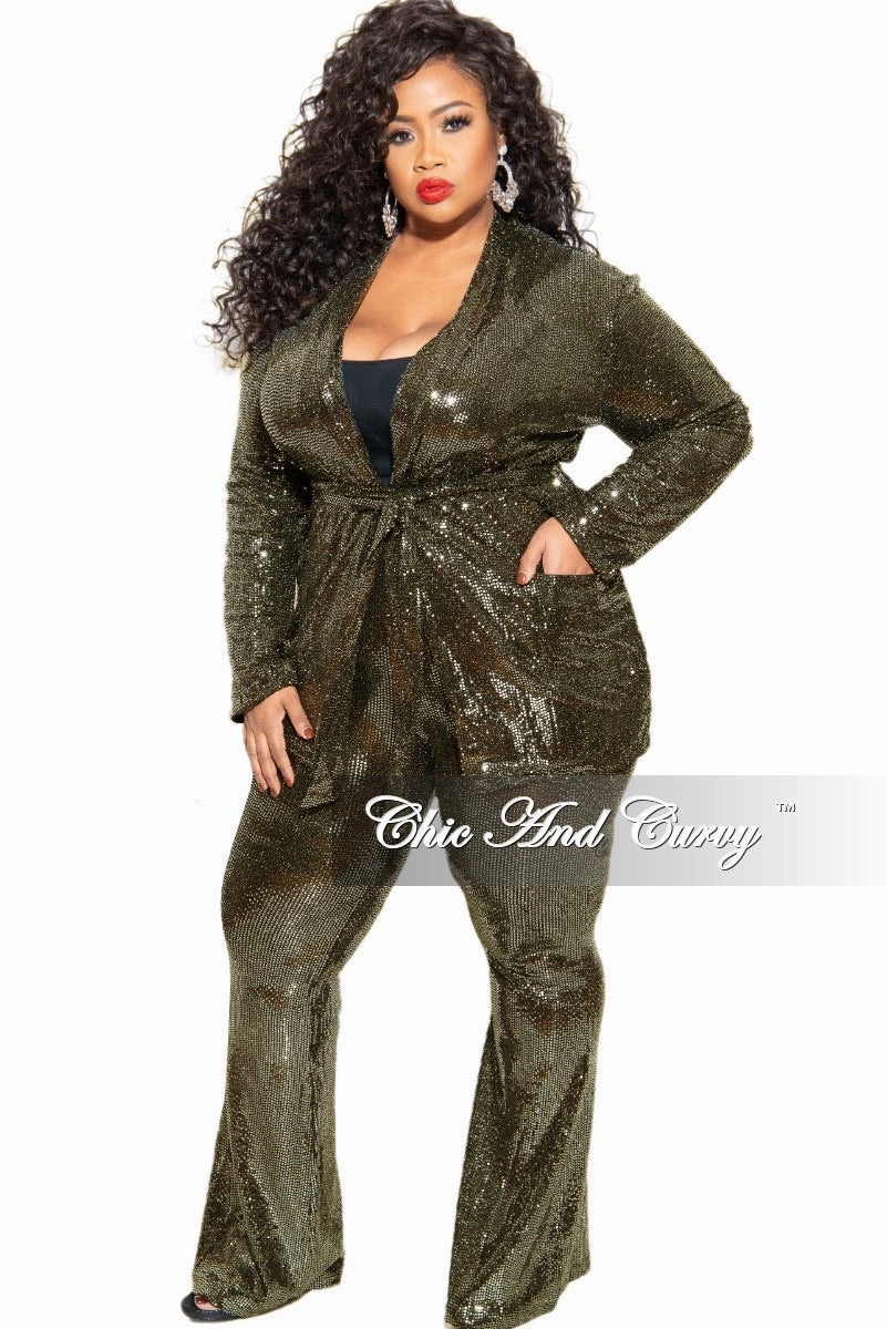 NonChafeCollarTech Double Layered Hem Final Sale Plus Size Faux Sequin 2-Piece Jacket & High Waist Pants Set in Gold