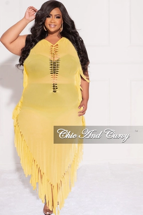 Final Sale Plus Size Mesh Cover-Up Dress with Cutout Front and Fringe Trim in Yellow High Stretch Fit