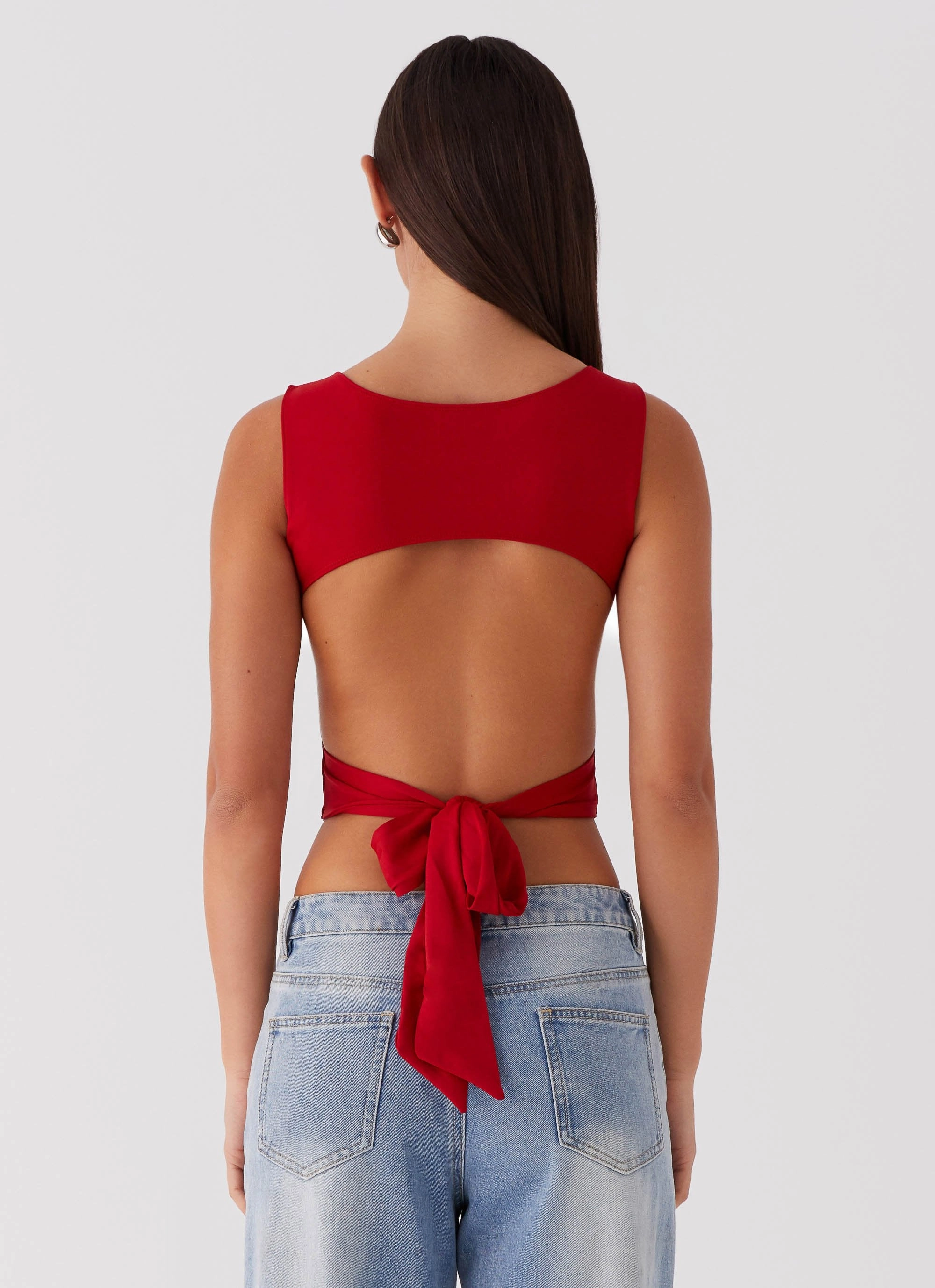 Compact Weave Fabric Saskie Tie Top - Ruby Red
