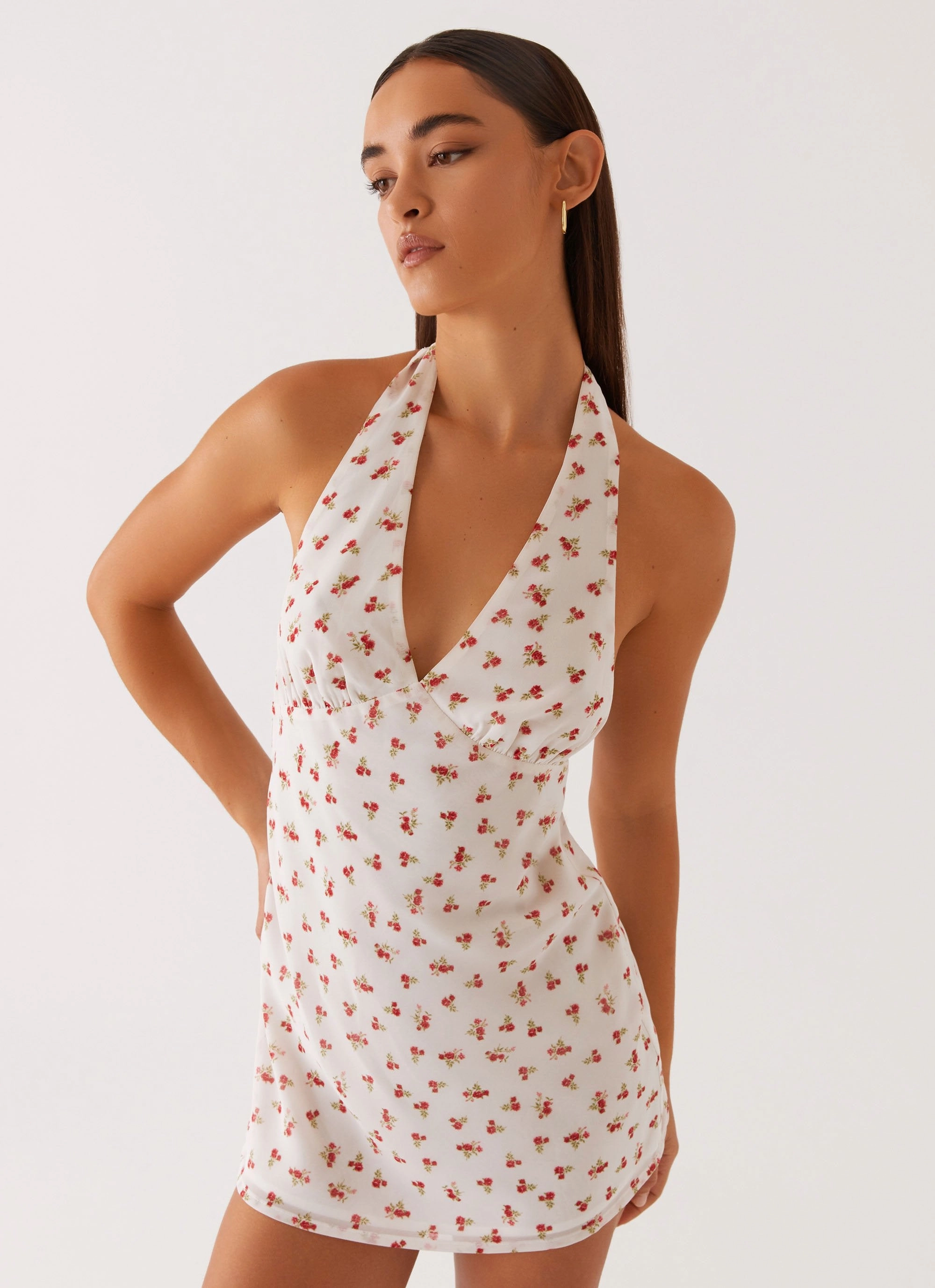 Linen Soft Highlands Halterneck Mini Dress - Red Ditsy Floral
