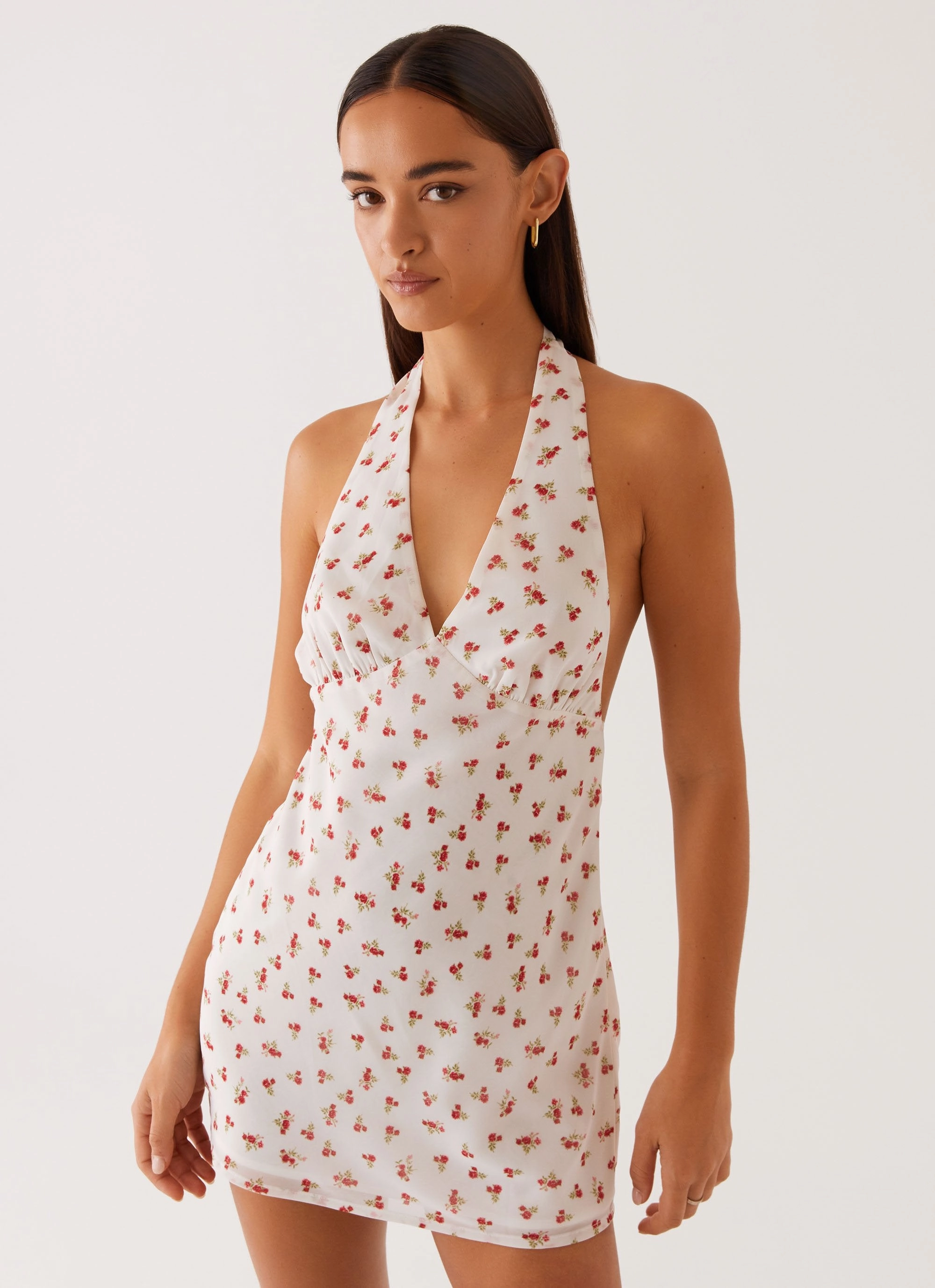 Trend Focused Highlands Halterneck Mini Dress - Red Ditsy Floral